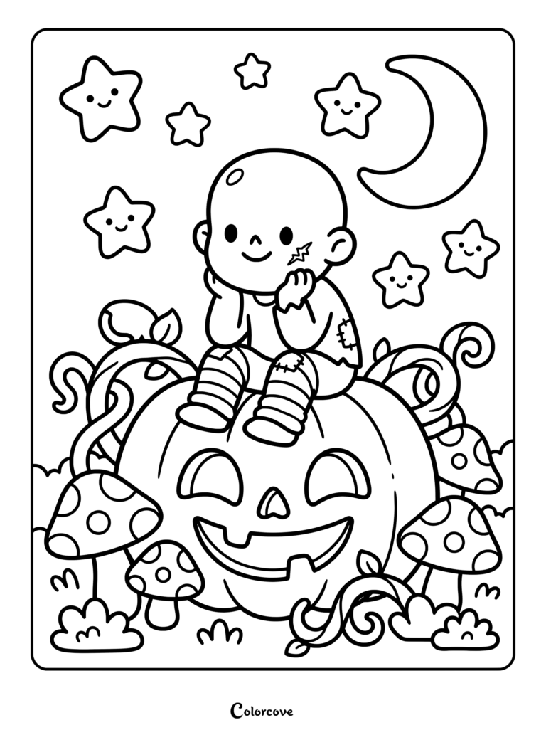 A zombie baby sits on a smiling pumpkin surrounded by mushrooms and smiling stars coloring page.