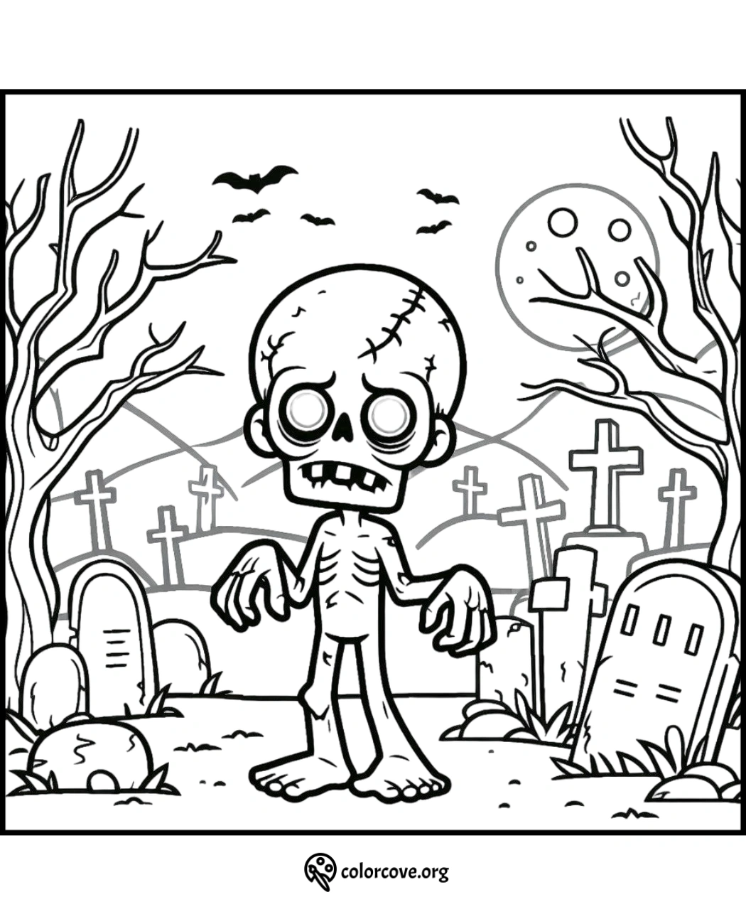 Scary zombie coloring page with graveyard scene, full moon, and flying bats. Fun Halloween activity for kids to color.