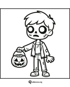 Halloween coloring page of a zombie boy holding a pumpkin basket filled with candy. Free printable for kids.