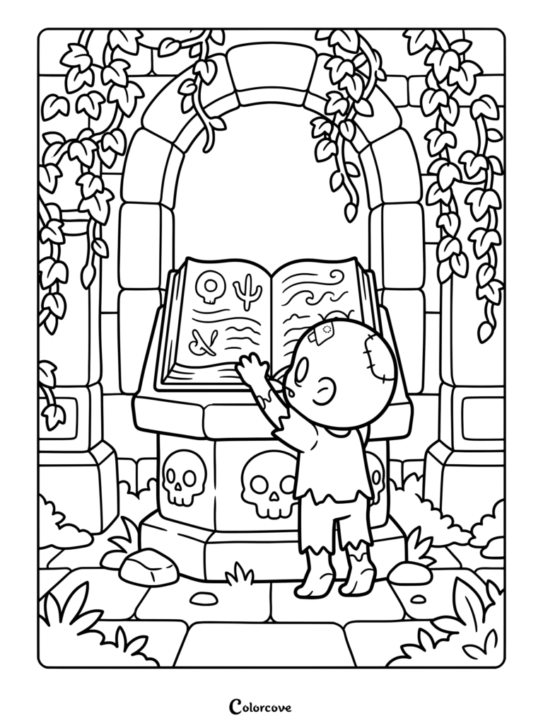 A cute zombie reading an ancient spellbook on a stone pedestal in a ruined archway coloring page