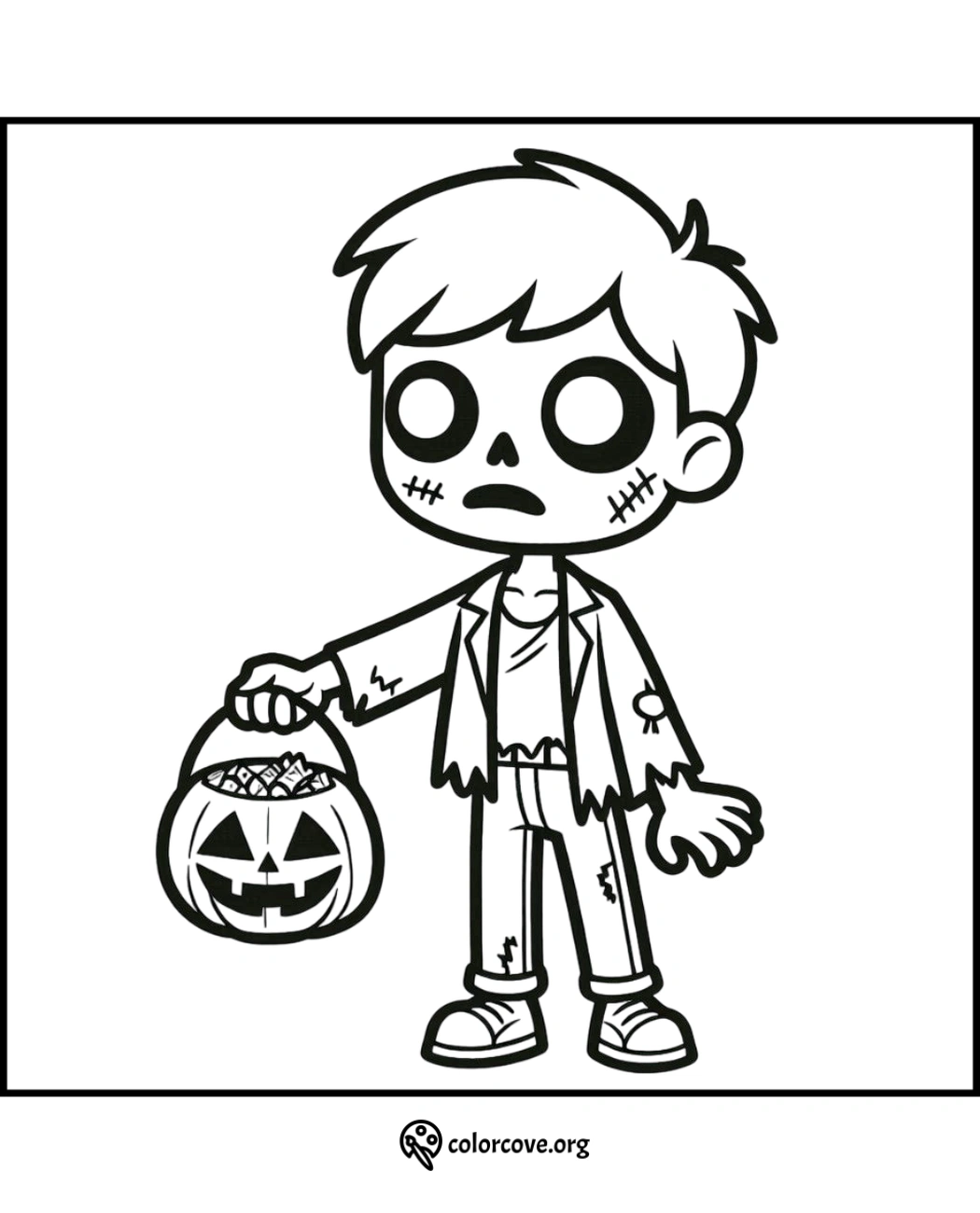 Halloween coloring page of a zombie boy holding a pumpkin basket filled with candy. Free printable for kids.