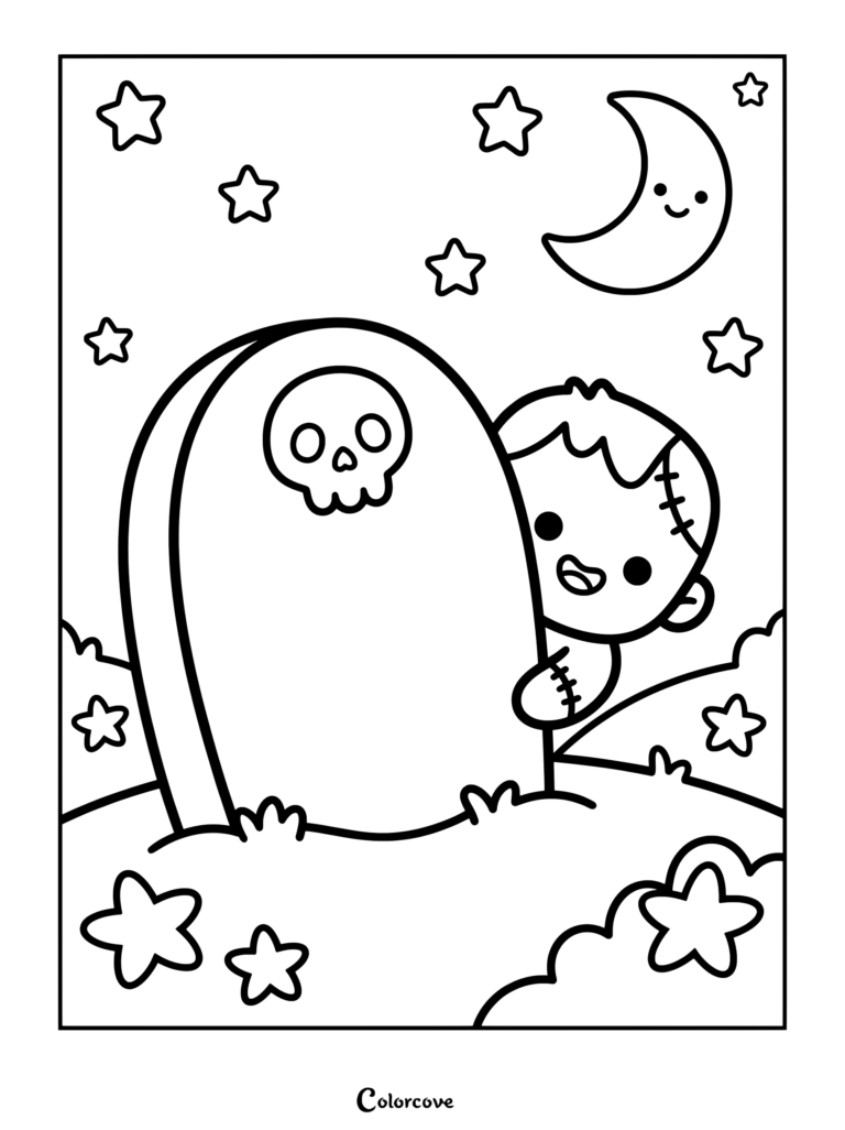 Cute Frankenstein monster peeking out from behind a decorated tombstone under a starry night sky coloring page