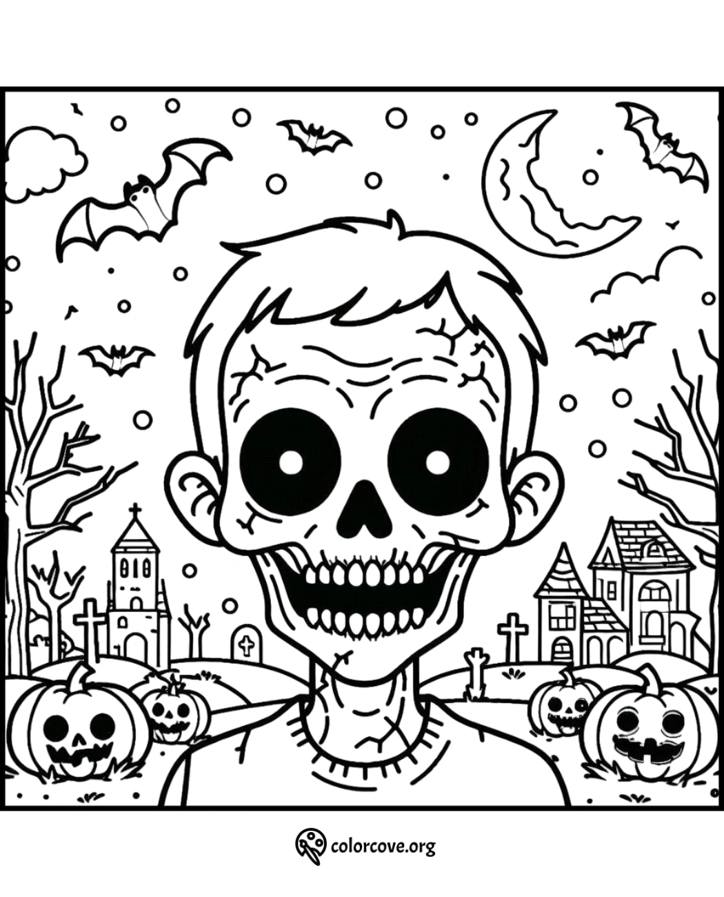 Zombie Halloween coloring page with pumpkins, bats, and a spooky moonlit graveyard. Perfect for kids' Halloween activities.