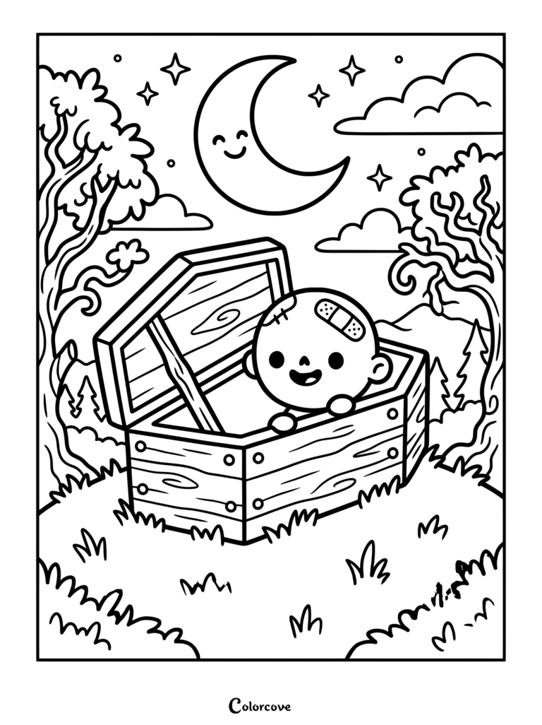 Cute cartoon zombie coloring page featuring a smiling undead character with bandages rising from an open wooden coffin under a smiling crescent moon and starry night sky.