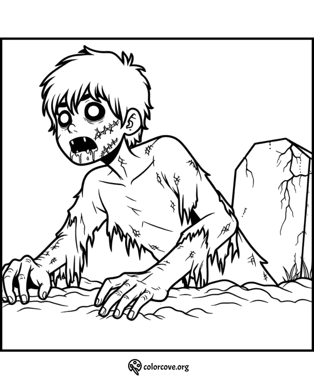 Zombie coloring page: a creepy zombie emerging from the ground, ready for kids to color. Ideal for Halloween activities.