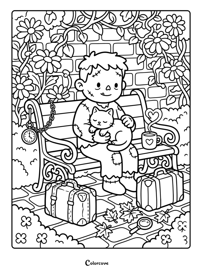 Printable zombie coloring page showing Frankenstein sitting on a park bench holding a cute cat.