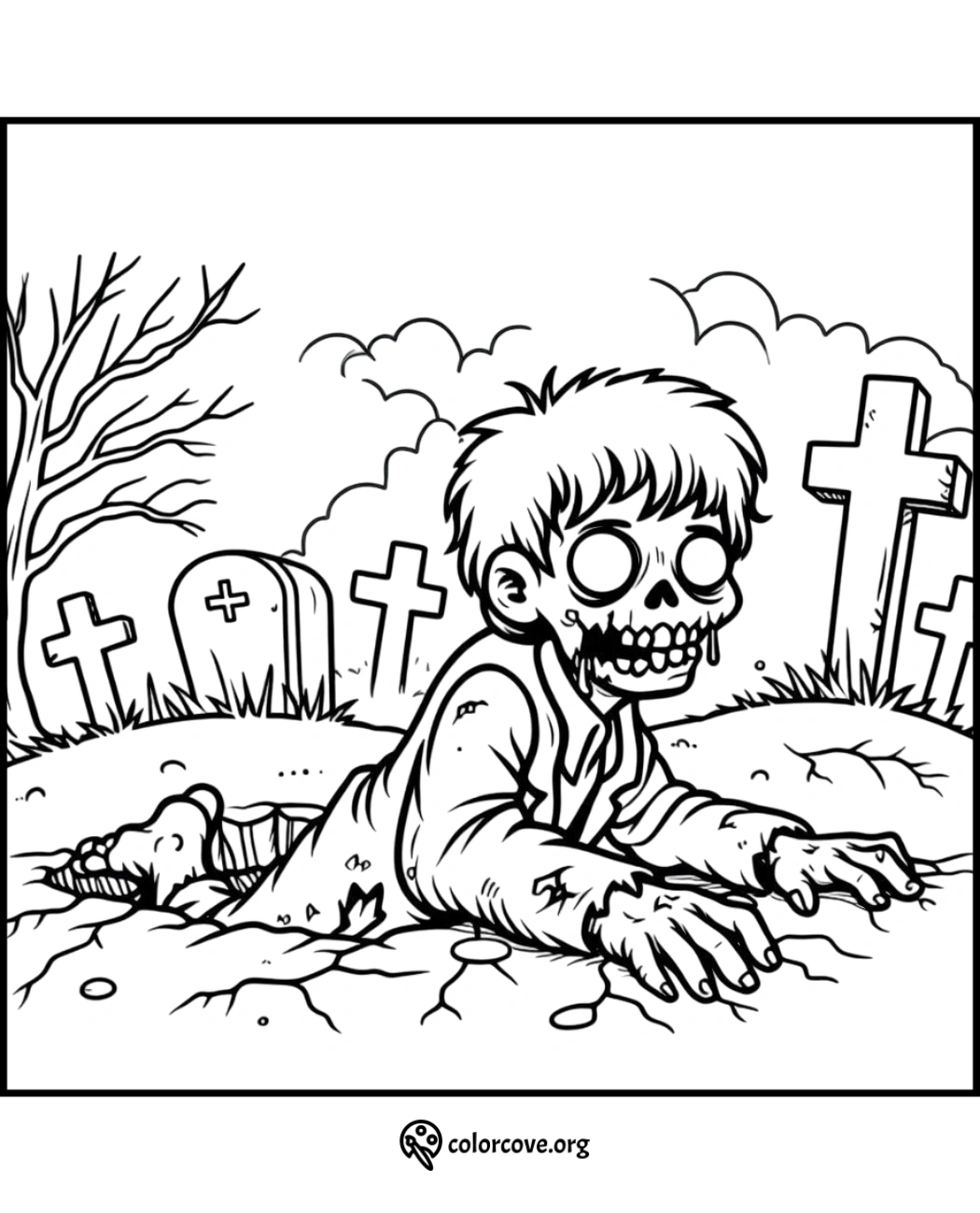 Zombie coloring page featuring a zombie crawling out of the ground in a spooky graveyard with tombstones and a barren tree.