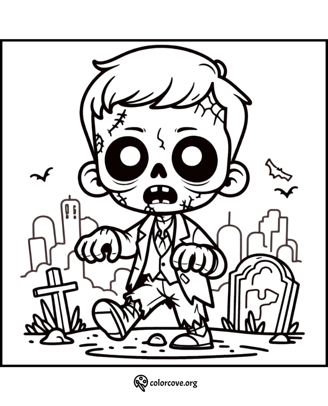 Coloring page featuring a cartoon zombie kid in a graveyard with headstones and bats flying in the background.