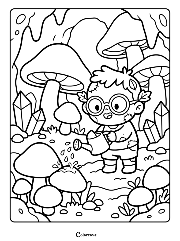 Nerd zombie wearing glasses and watering giant mushrooms in a magical forest coloring page