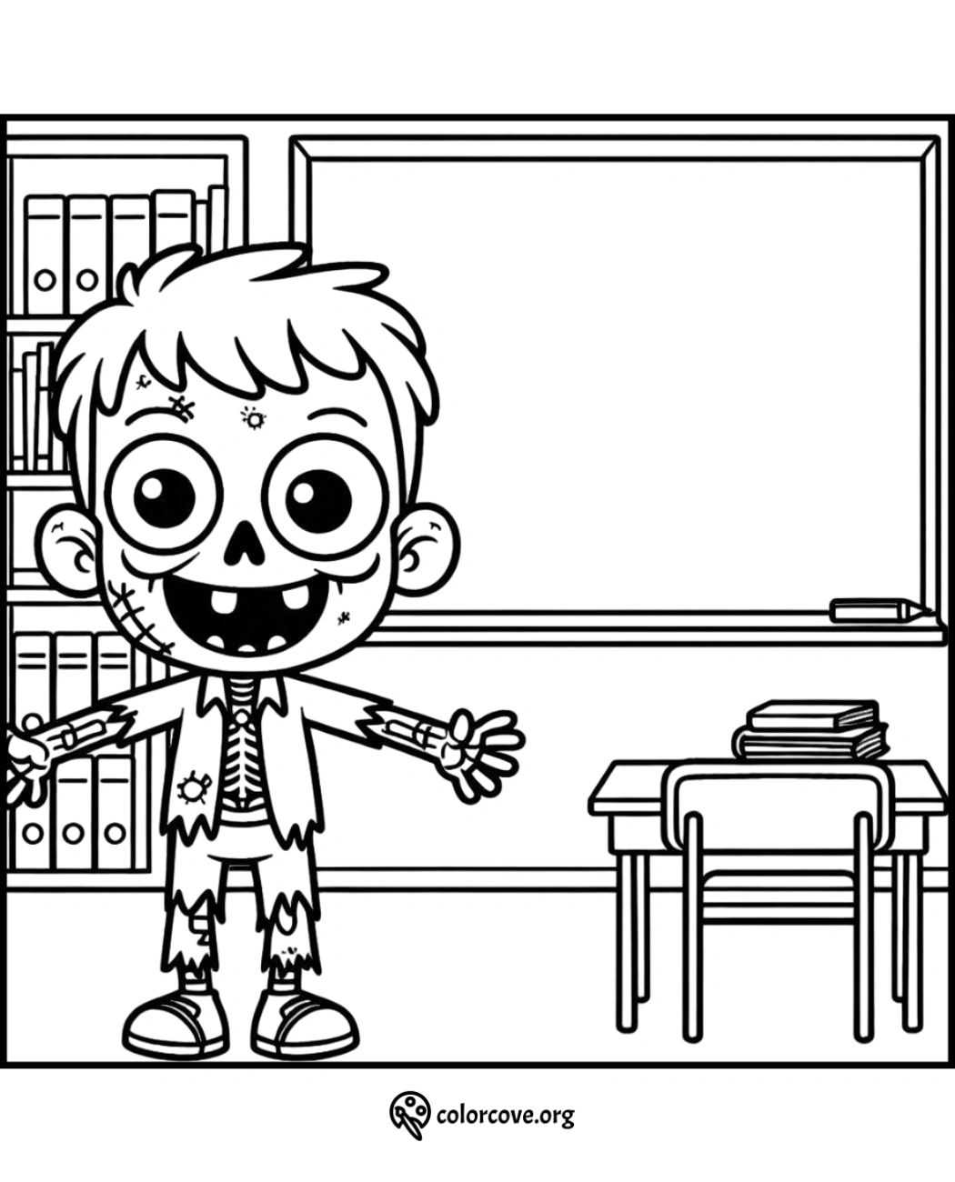 Zombie boy coloring page in a classroom, standing by desk and bookshelf, with a whiteboard in the background.