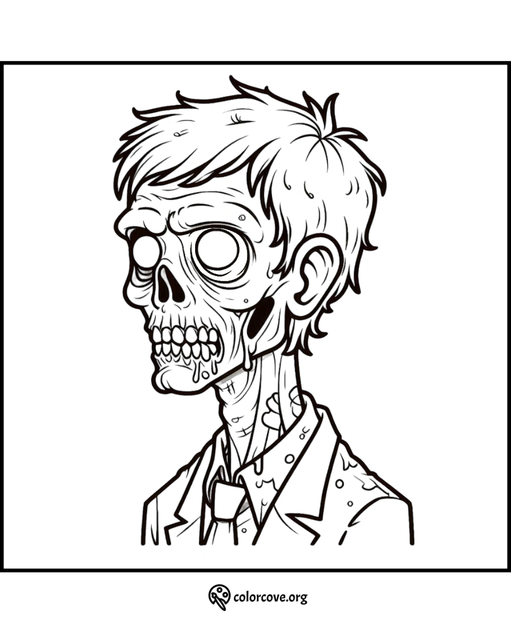 Zombie coloring page featuring a skeletal head with messy hair and dressed in a suit. Perfect for Halloween fun!