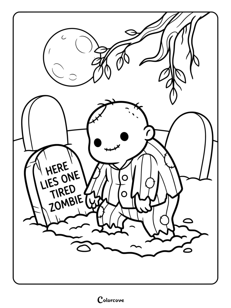 A cute cartoon zombie walking past a tombstone in a graveyard, featuring a full moon in the background of this free zombie coloring page.