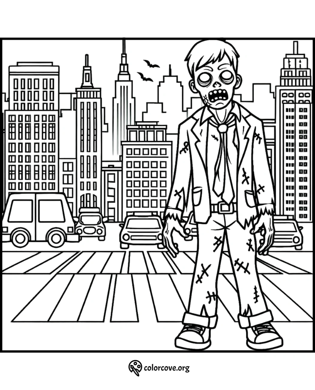 Zombie coloring page featuring a stitched zombie walking in a city with skyscrapers and bats in the sky.