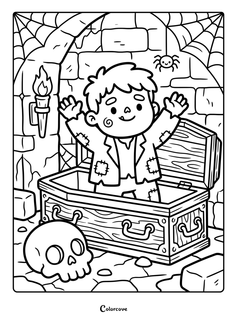 Friendly zombie boy coloring page emerging from a wooden coffin in a dungeon with a skull and spider.