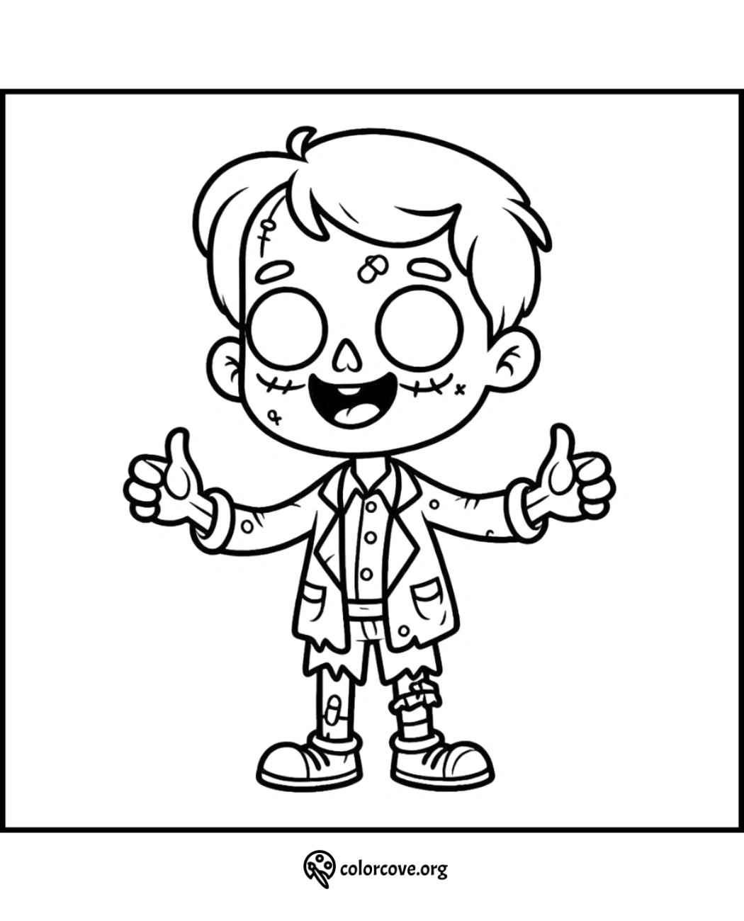 Coloring page featuring a cute zombie character with a big smile and giving two thumbs up, ideal for Halloween fun.