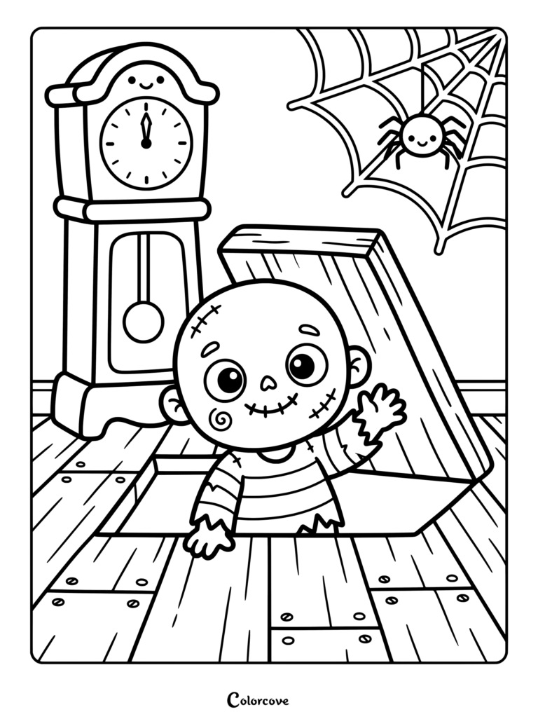 A cute cartoon zombie coloring page featuring a character crawling out of a wooden floor next to a grandfather clock and a spider web.