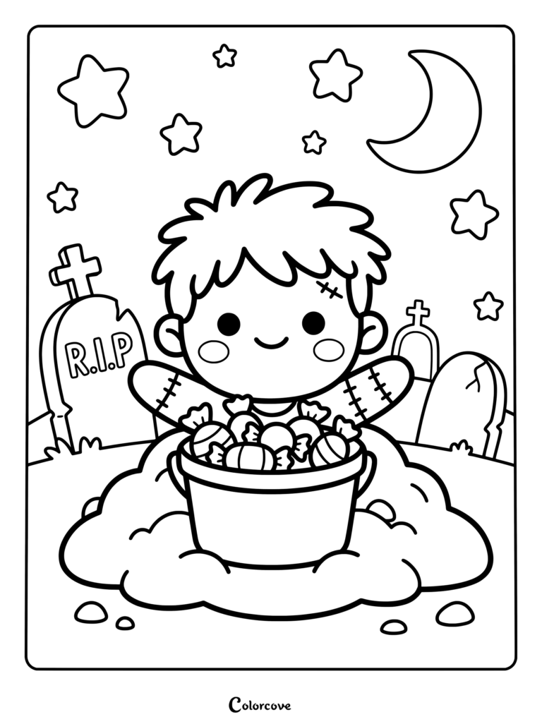 Cute zombie boy with a bucket of Halloween candy in a graveyard coloring page