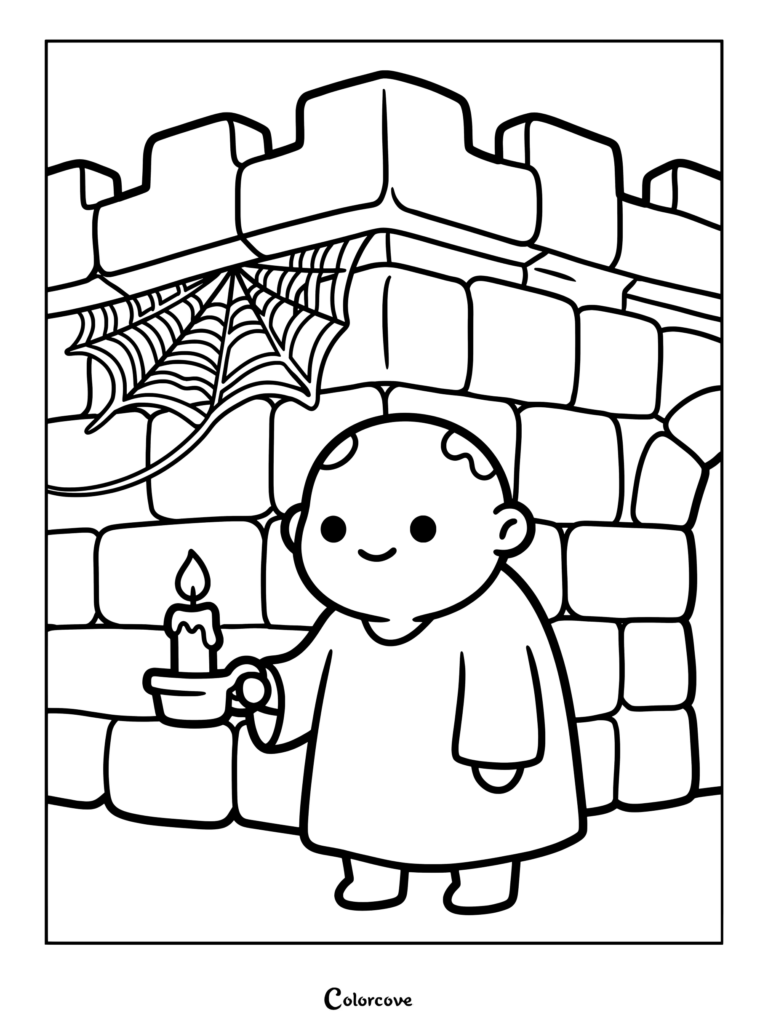 Printable zombie coloring page featuring a cute bald undead character holding a lit candle in front of a stone castle wall with a spiderweb.