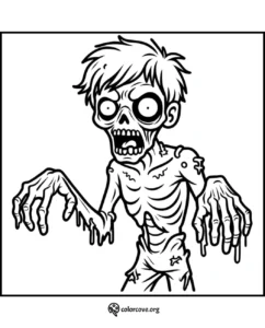 Scary zombie coloring page with wide eyes, ragged clothes, and outstretched hands for kids and adults to color.