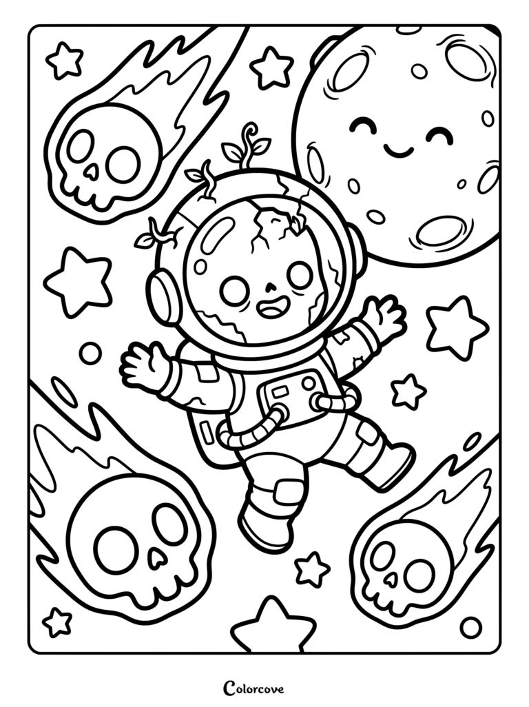 A cute zombie astronaut floating in space with flaming skulls and a smiling moon coloring page