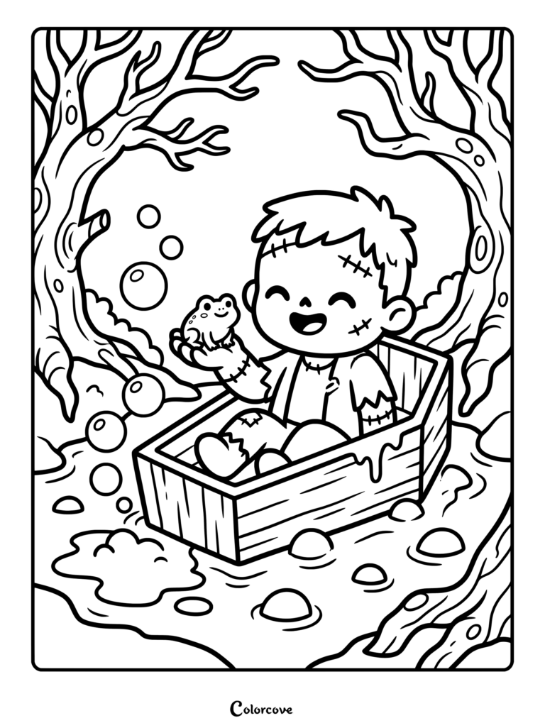 A cute zombie boy sitting in a wooden coffin holding a tiny frog in a spooky swamp coloring page