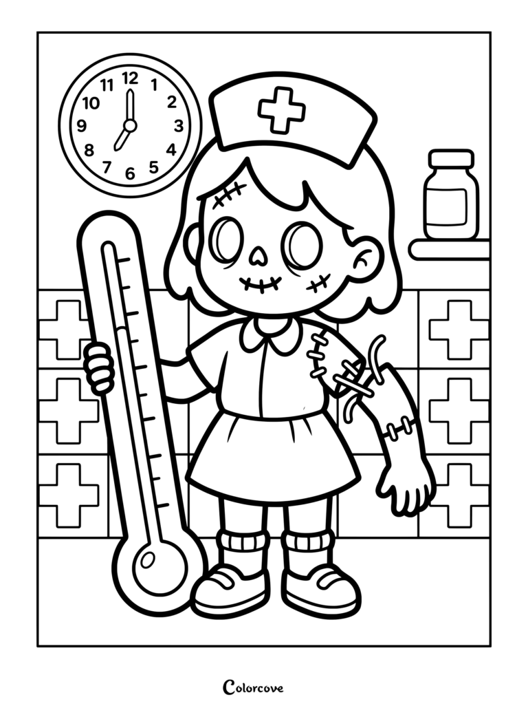 A cute zombie nurse holding a giant thermometer in a hospital room coloring page.