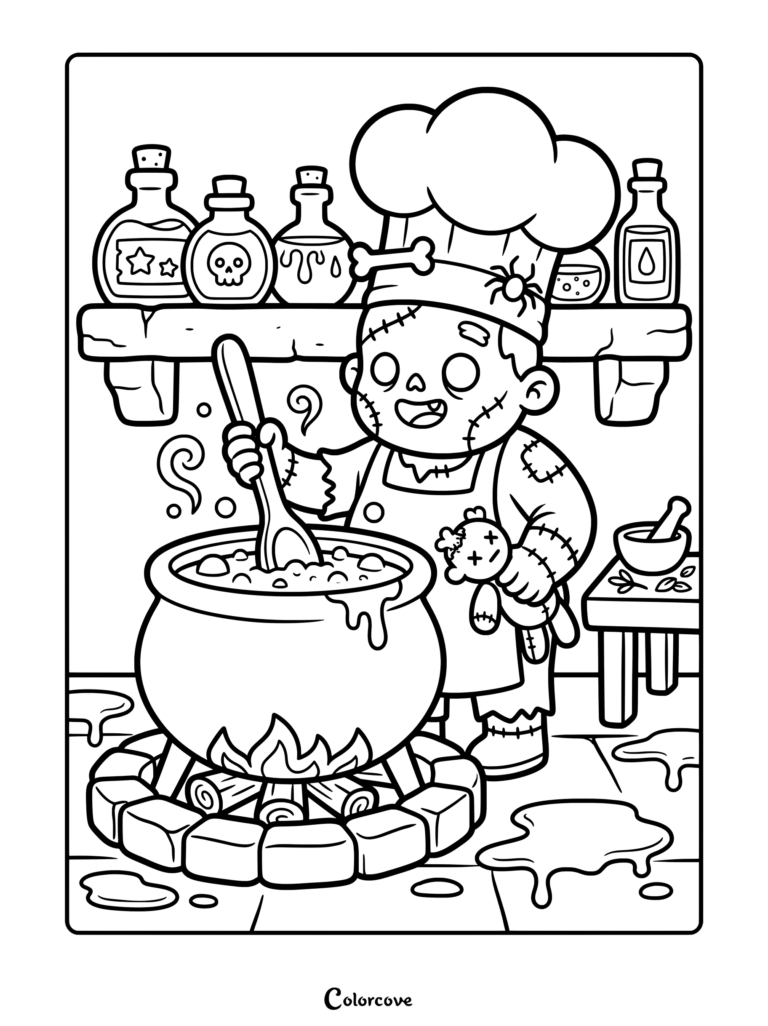 Printable zombie chef coloring page stirring a bubbling cauldron with potion bottles on a shelf.
