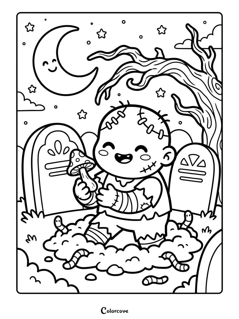 Cute baby zombie coloring page with a happy face holding a mushroom in a graveyard under a smiling crescent moon.