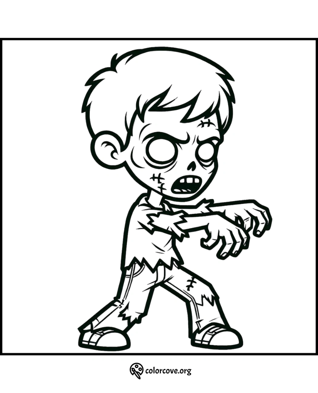 Coloring page of a cartoon zombie with torn clothes and outstretched arms, perfect for kids' Halloween activities.