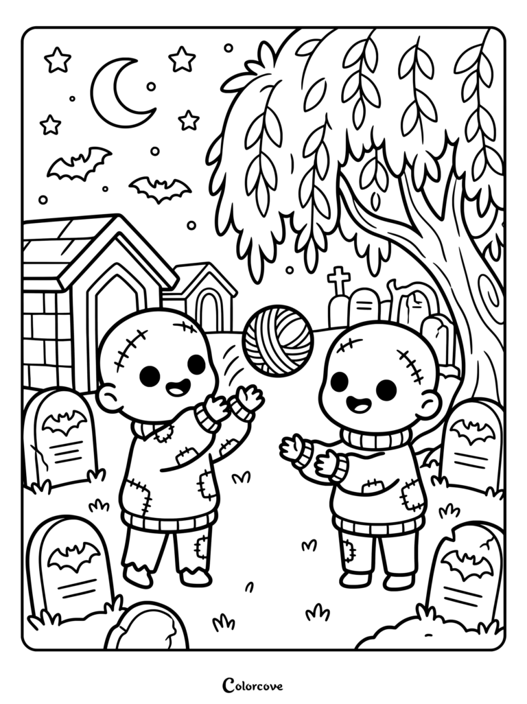 Zombie kids playing catch with a ball in a moonlit graveyard coloring page.