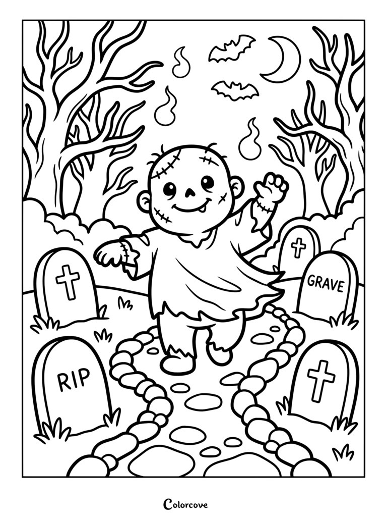 Cute zombie coloring page featuring a stitched monster waving among gravestones and bats under the moon.