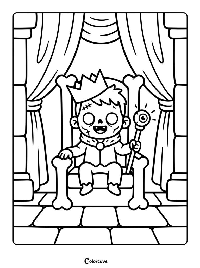 Zombie king sitting on a throne made of bones holding an eyeball scepter coloring page