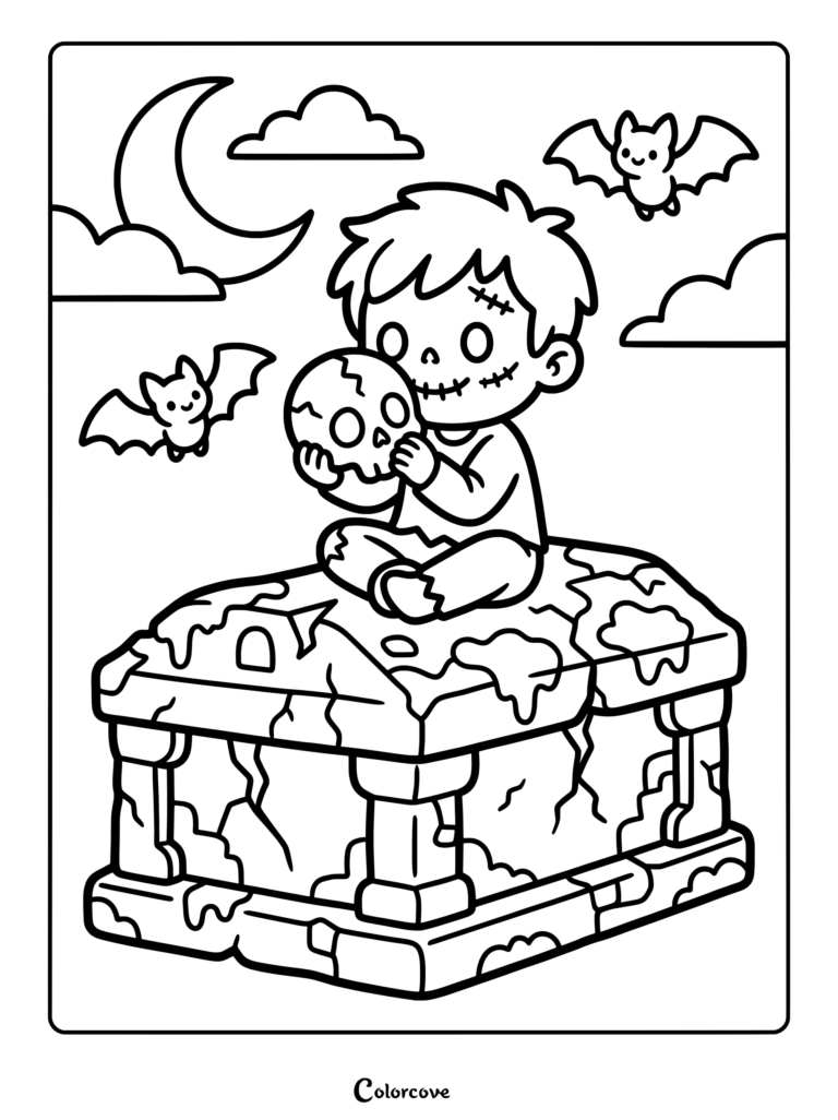 A cute zombie coloring page featuring a character sitting on a tomb holding a skull under a crescent moon with bats.
