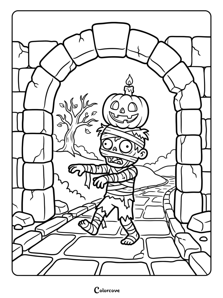 Mummy boy zombie coloring page walking through a stone archway with a lit jack-o-lantern on his head.