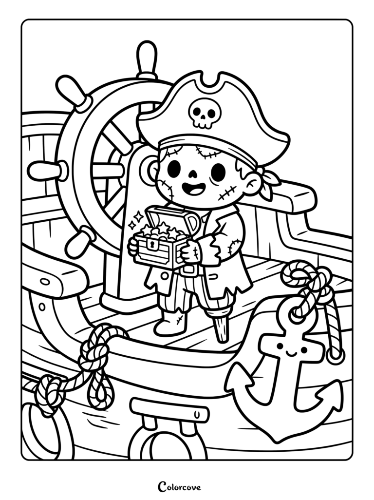 Cute zombie pirate holding a treasure chest on a ship deck coloring page