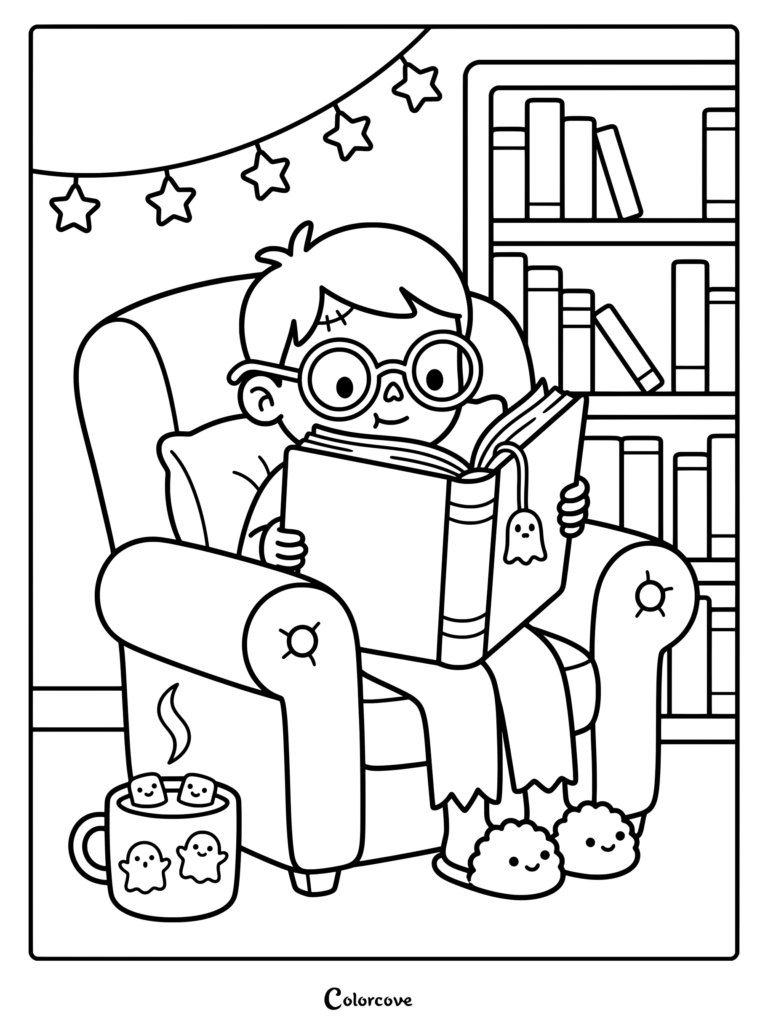 A young boy with round glasses and a scar reading a book in an armchair as a zombie coloring page.