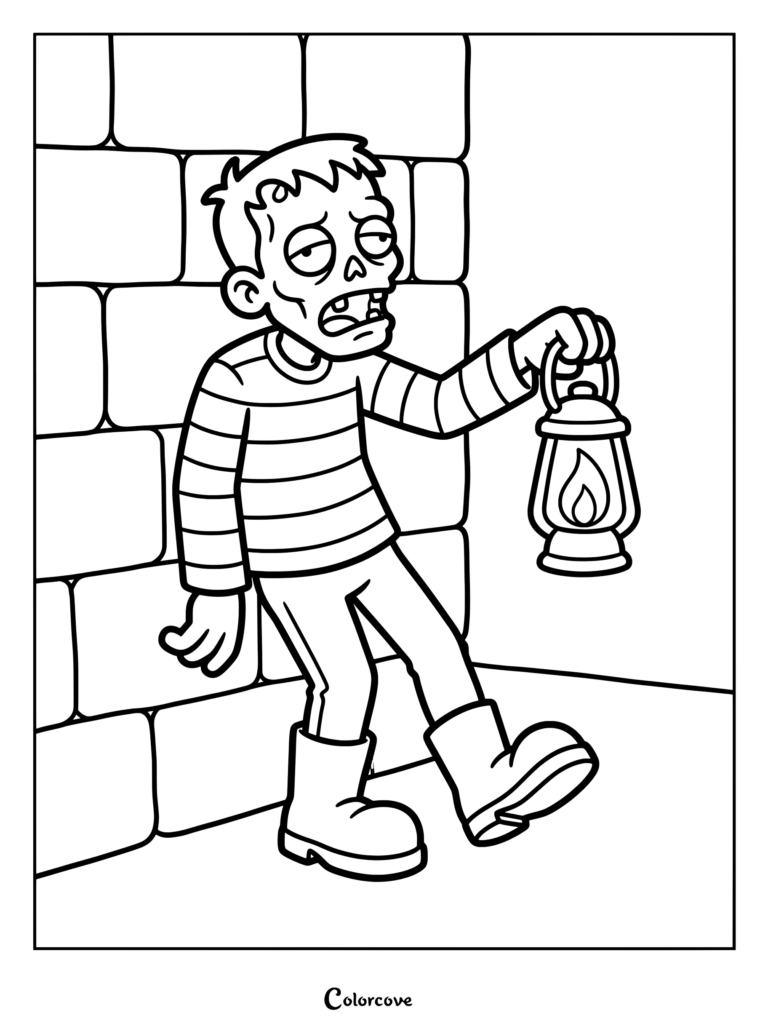 A printable coloring page featuring a zombie in a striped shirt holding a lantern near a brick wall.