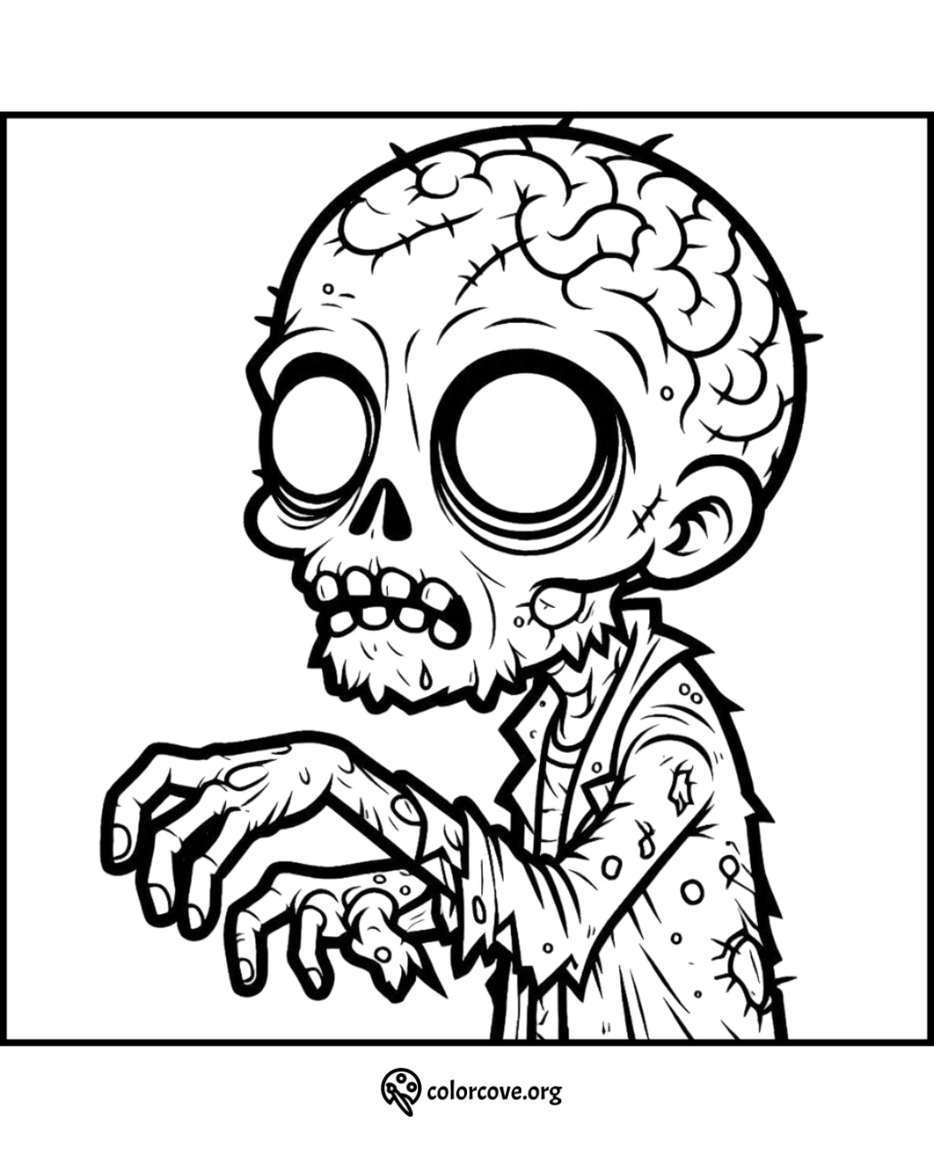 Zombie coloring page featuring a detailed, cartoon-style zombie with exposed brain, outstretched arms, and tattered clothing.