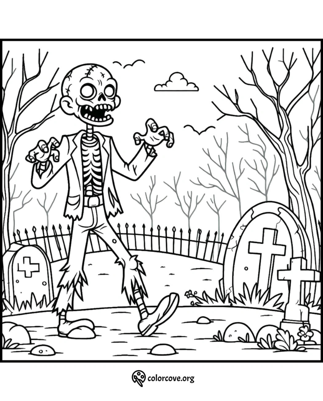 Coloring page of a spooky skeleton walking through a graveyard with headstones, bare trees, and a cloudy sky in background.