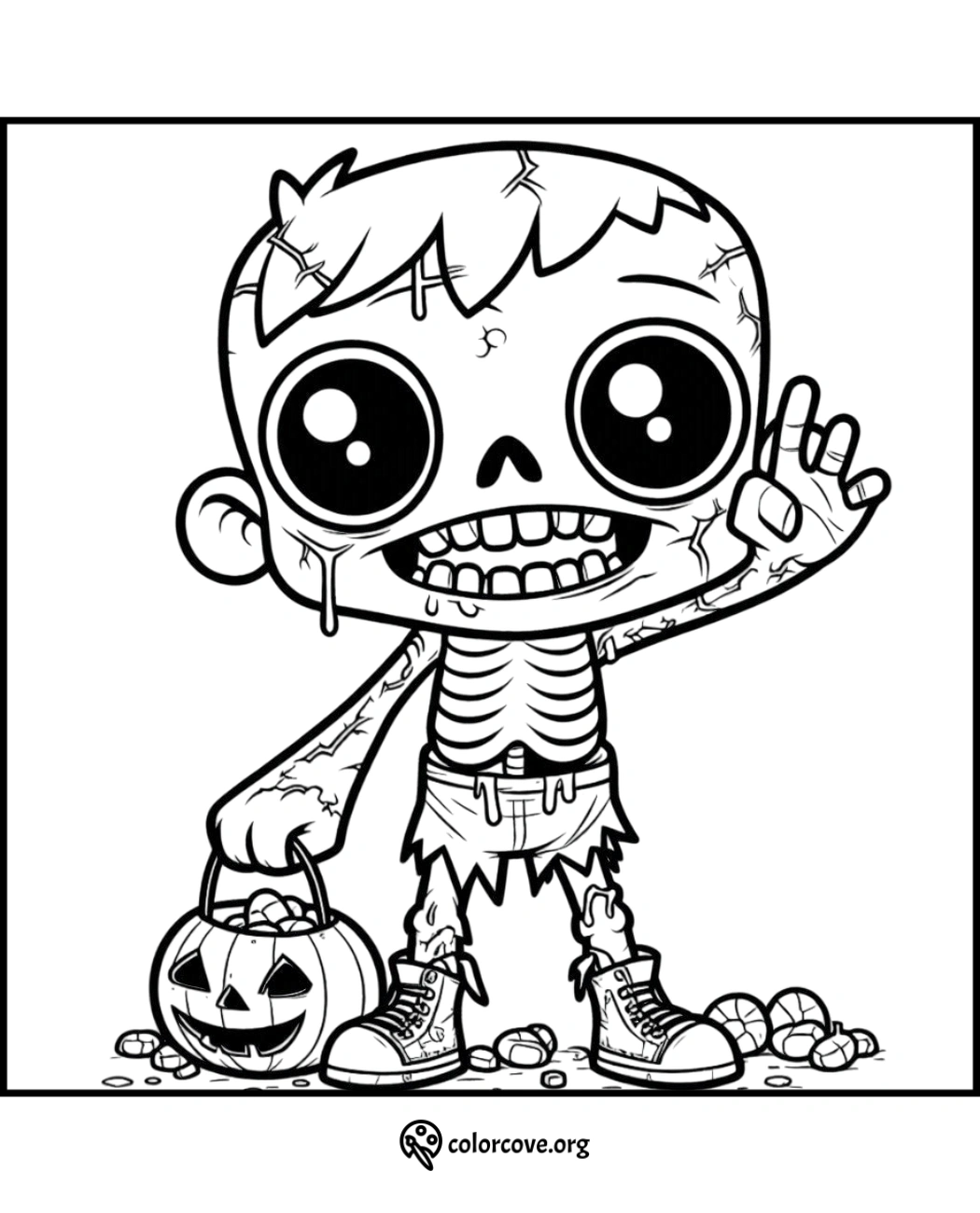 Cute Halloween zombie coloring page for kids with a pumpkin bucket, big eyes, and stitched clothes. Printable spooky fun!