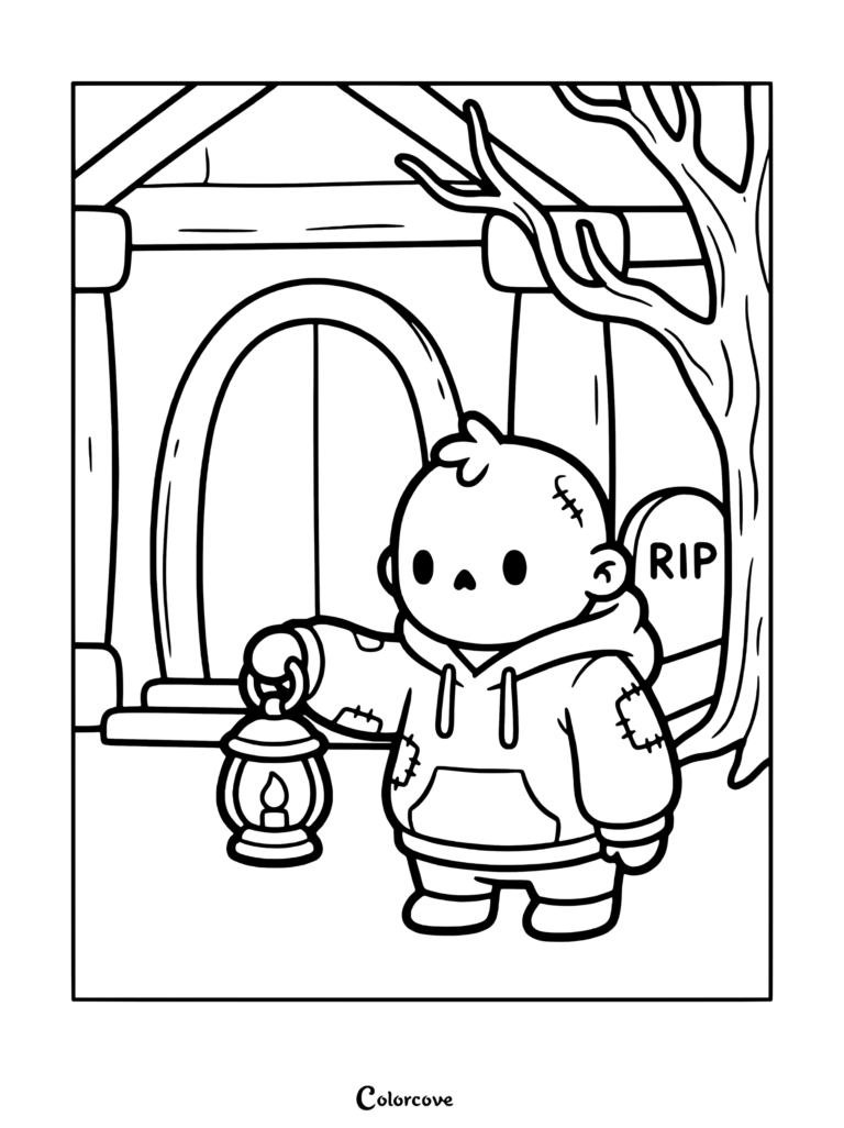 Cute zombie coloring page featuring a small character holding a lantern near a tombstone and a building.