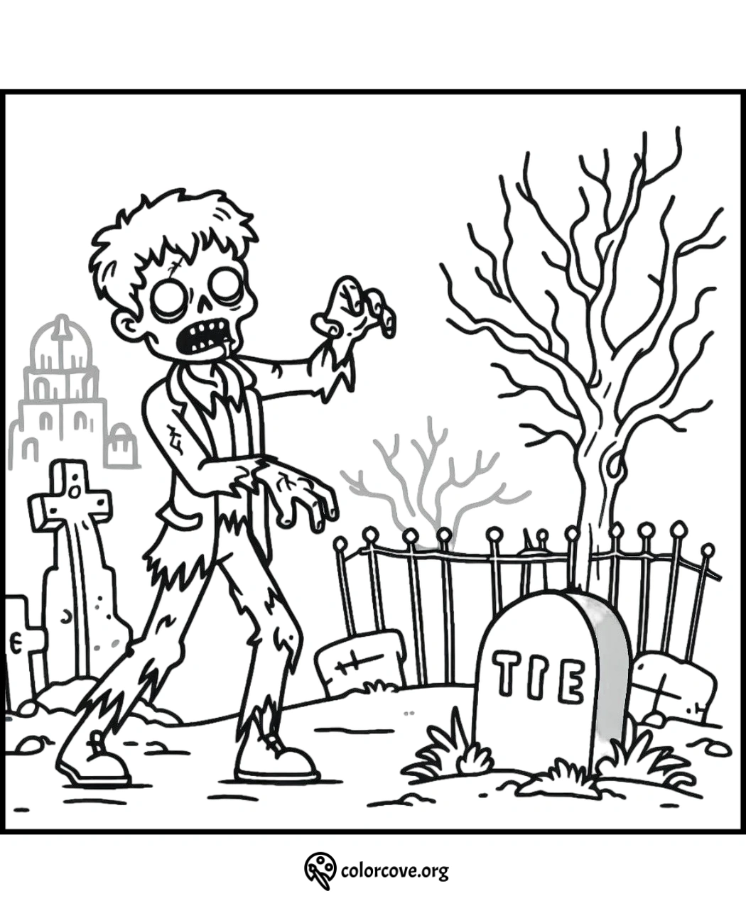 Zombie coloring page with graveyard, tombstones, and bare tree - Halloween themed printable for kids.