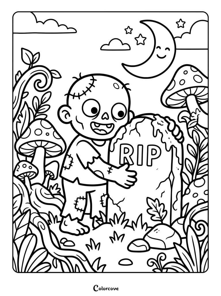 A friendly cartoon zombie hugging an RIP tombstone in a spooky forest coloring page.