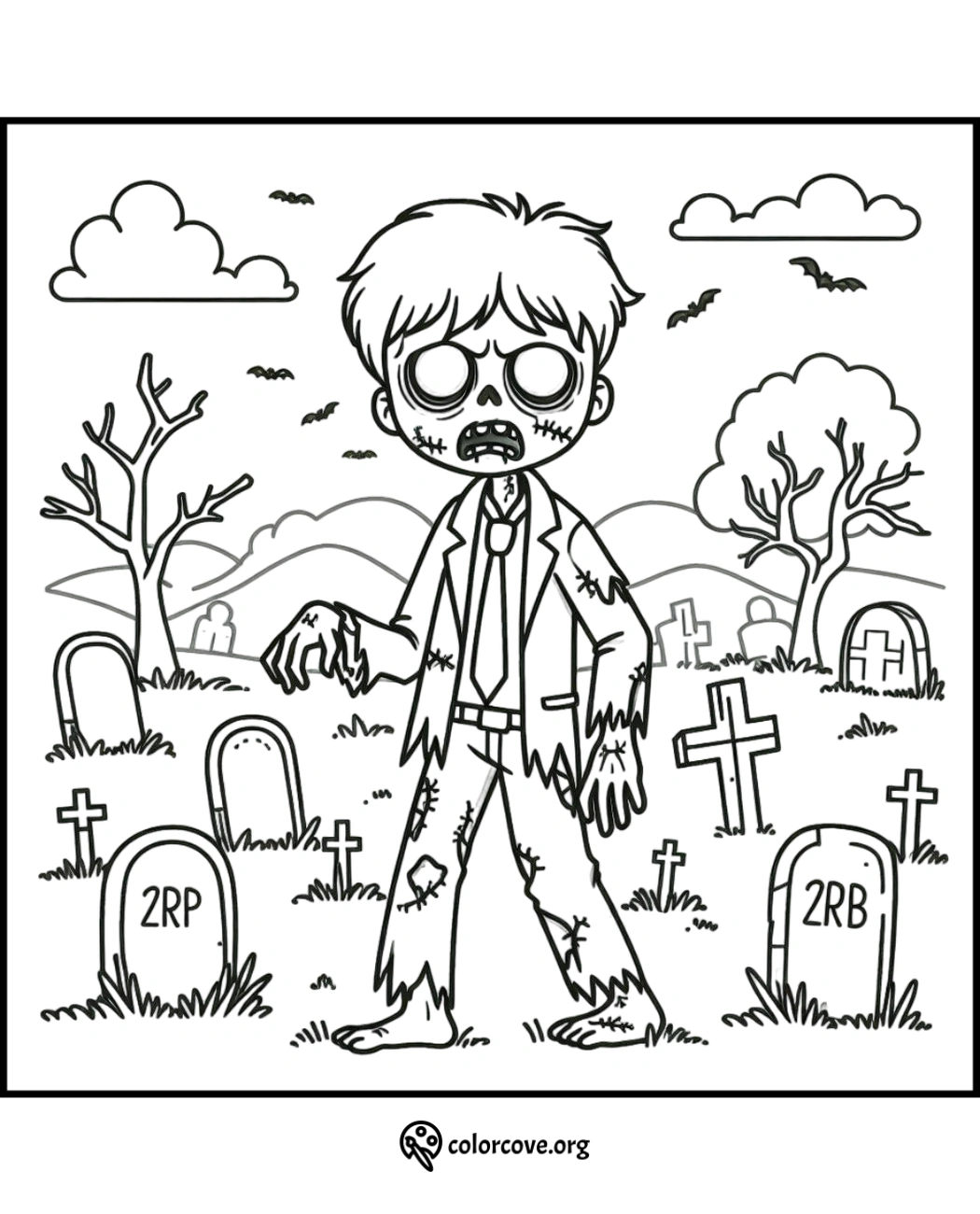 Zombie in spooky graveyard coloring page with tombstones, trees, and bats flying in the night sky. Printable Halloween coloring.