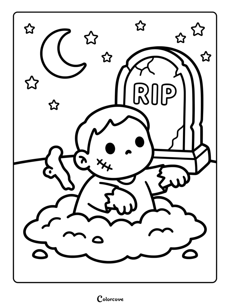 Cute cartoon zombie rising from the grave under a crescent moon coloring page