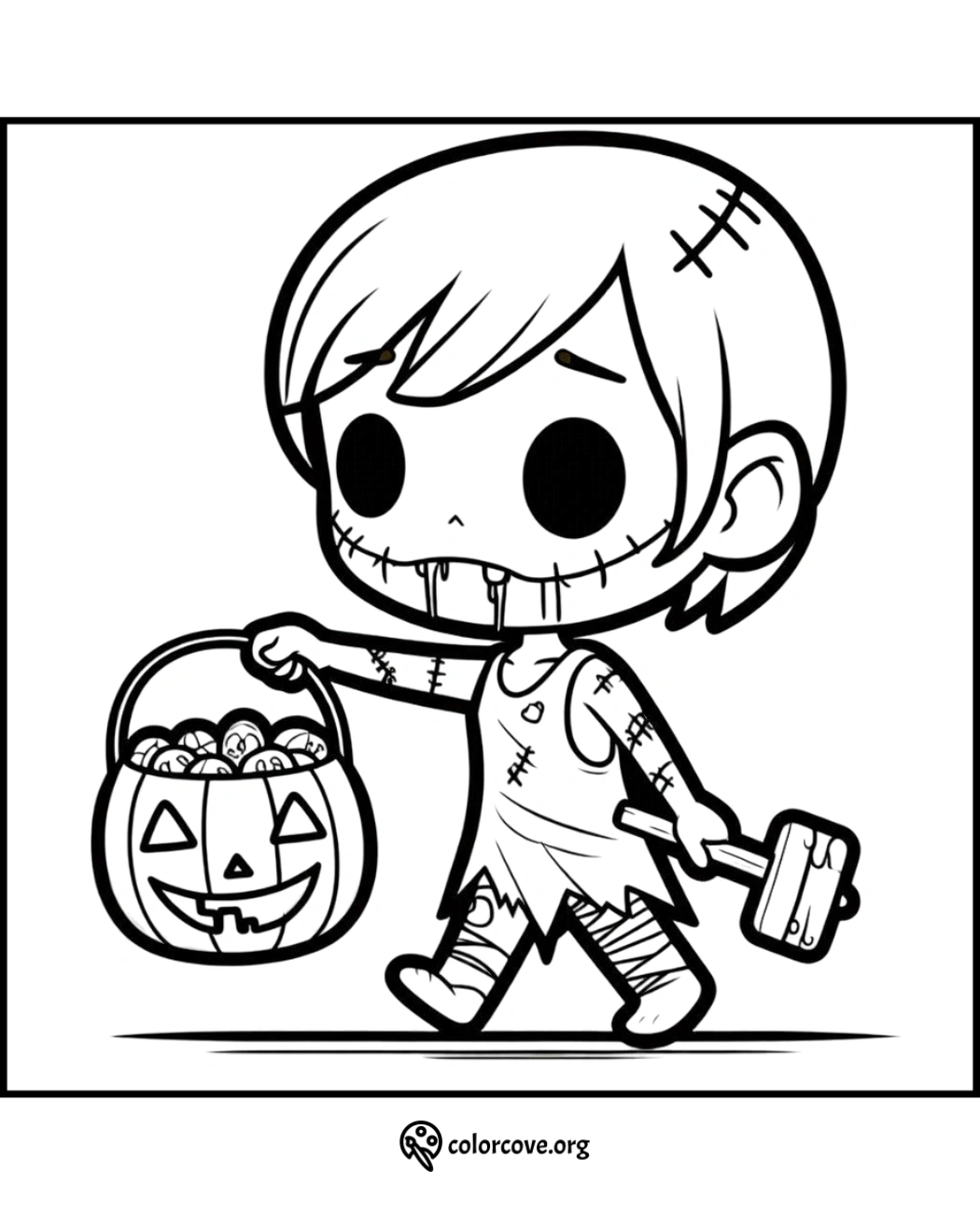 Cute zombie child Halloween coloring page, holding a pumpkin candy bucket and hammer. Fun printable for kids. ColorCove.org