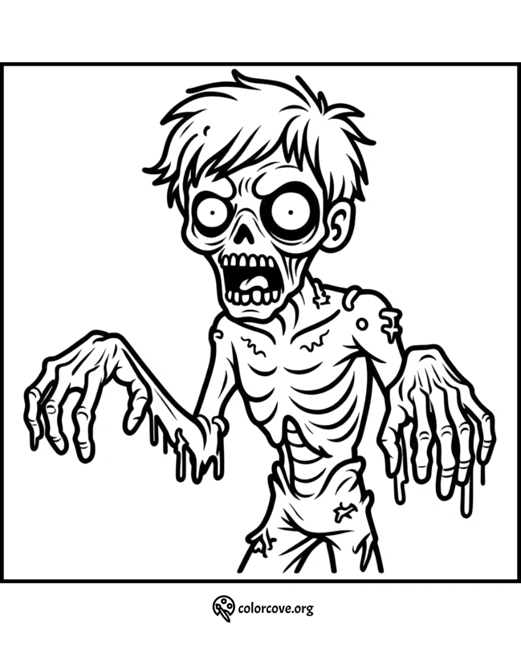 Scary zombie coloring page with wide eyes, ragged clothes, and outstretched hands for kids and adults to color.