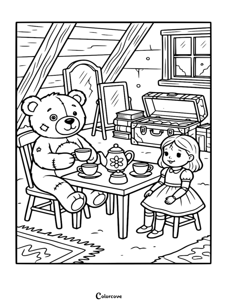 A stitched-up zombie teddy bear having a tea party with a vintage doll in an attic, line art coloring page.