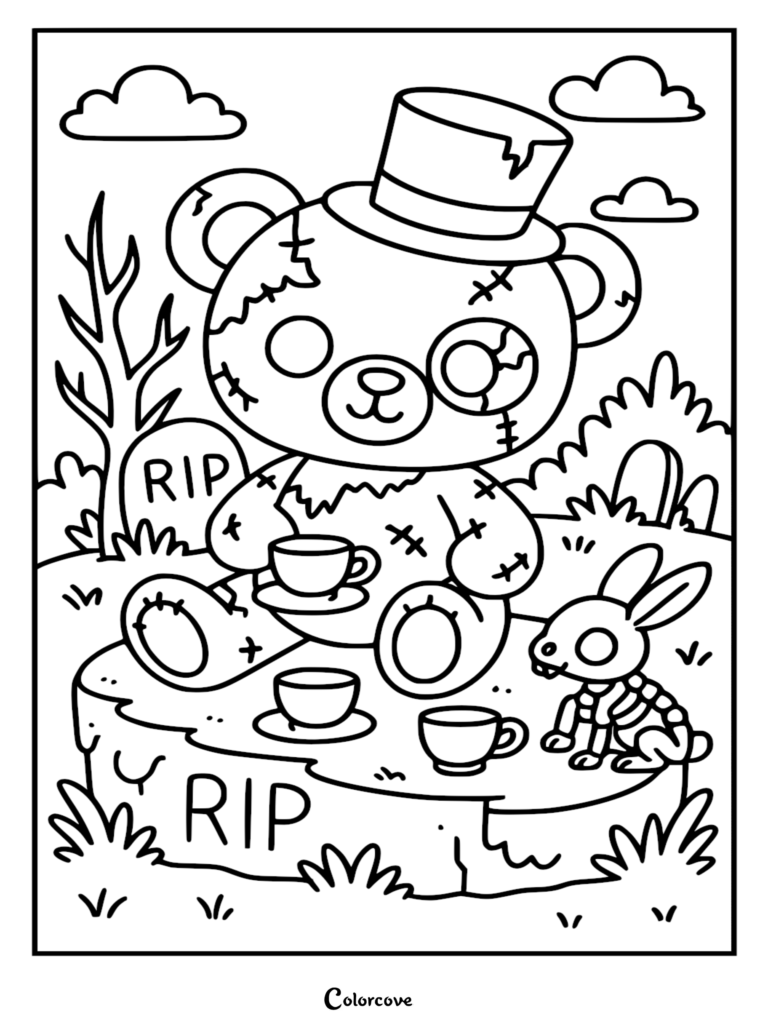 A stitched zombie teddy bear wearing a top hat having a tea party with a skeleton bunny on a grave, detailed line art coloring page.
