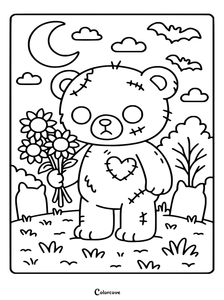 A printable Zombie Teddy Bear coloring page featuring a stitched plush toy holding a bouquet of flowers in a graveyard at night under a crescent moon.